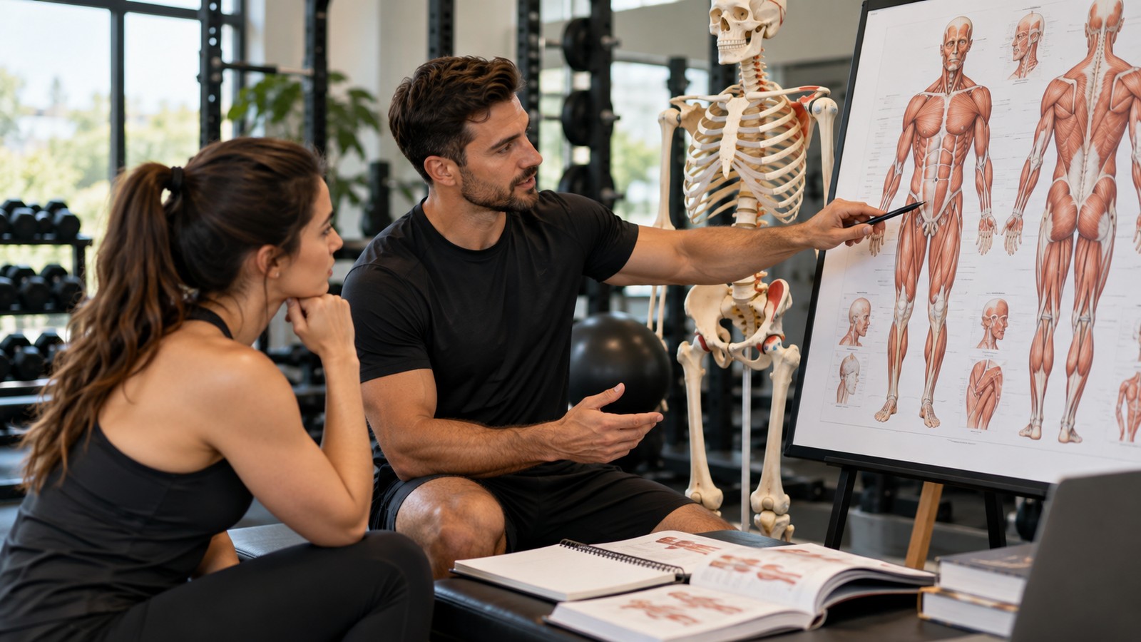 Personal trainer explaining exercise anatomy and movement to a client in a gym.