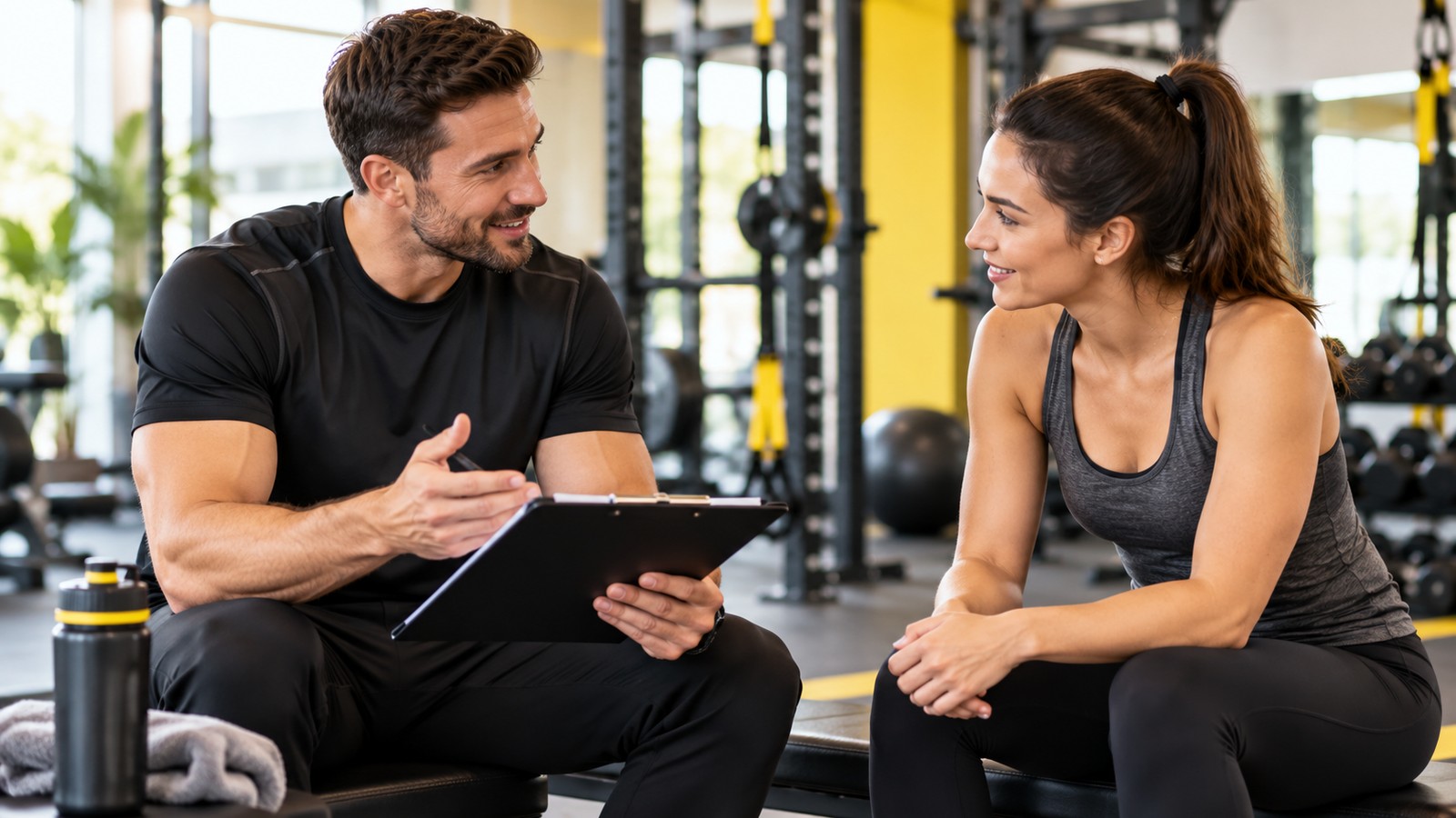Personal trainer conducting a first consultation with a new client in an Australian fitness facility.