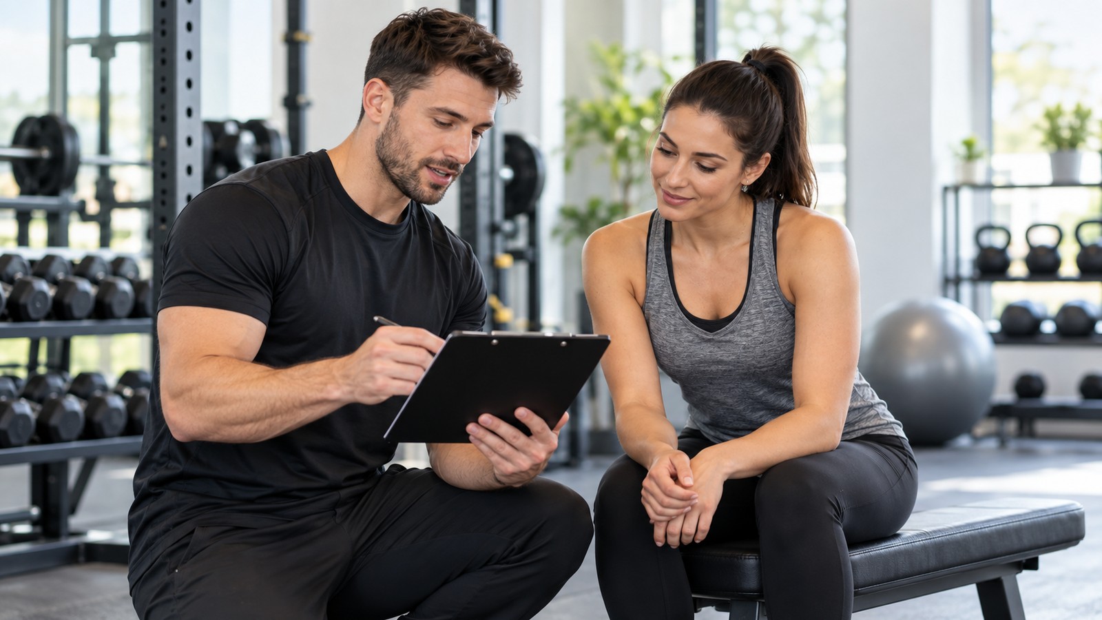 Australian personal trainer discussing a fitness plan with a client in a professional gym setting.