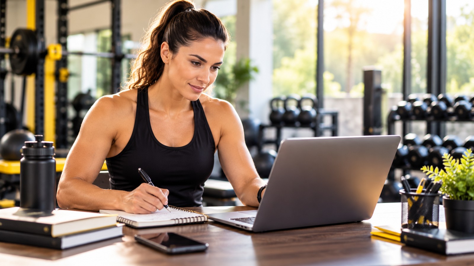 Qualified personal trainer planning a small fitness business at a desk beside gym equipment.
